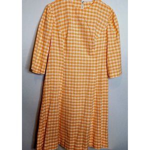 Vintage Dress Handmade Orange White Check Zip Back 3/4 Sleeve Size 10/12